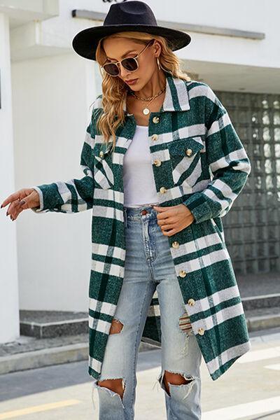 a woman wearing ripped jeans and a plaid coat