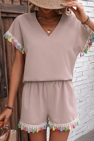 Leisure Time Tassel Decor Blouse and Shorts Set - MXSTUDIO.COM