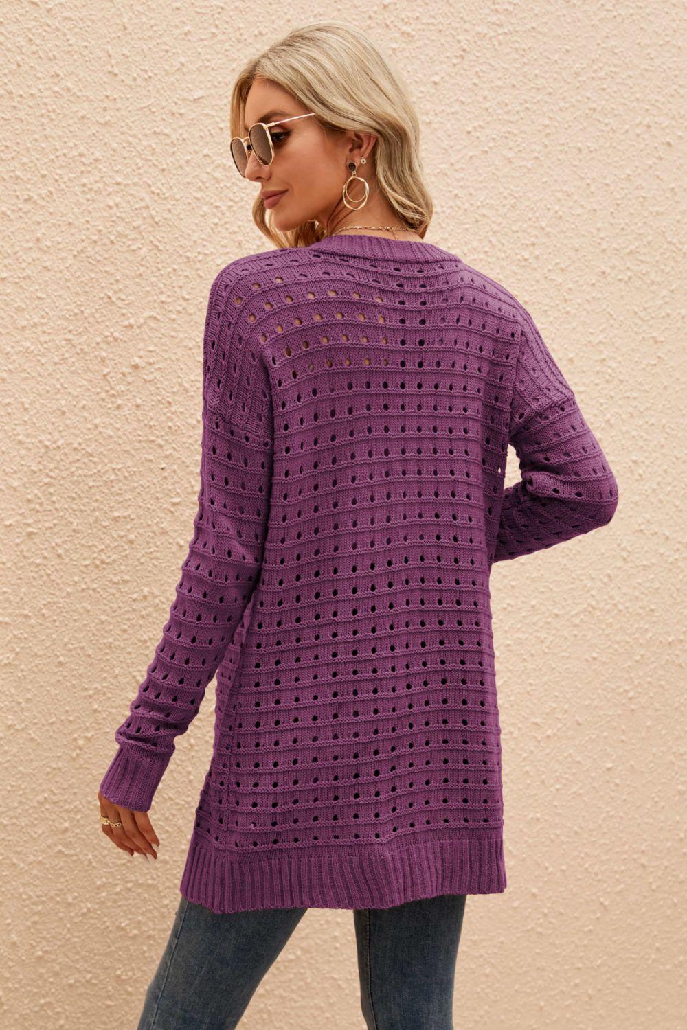 Leisurely Openwork Horizontal Ribbing Open Front Cardigan - MXSTUDIO.COM