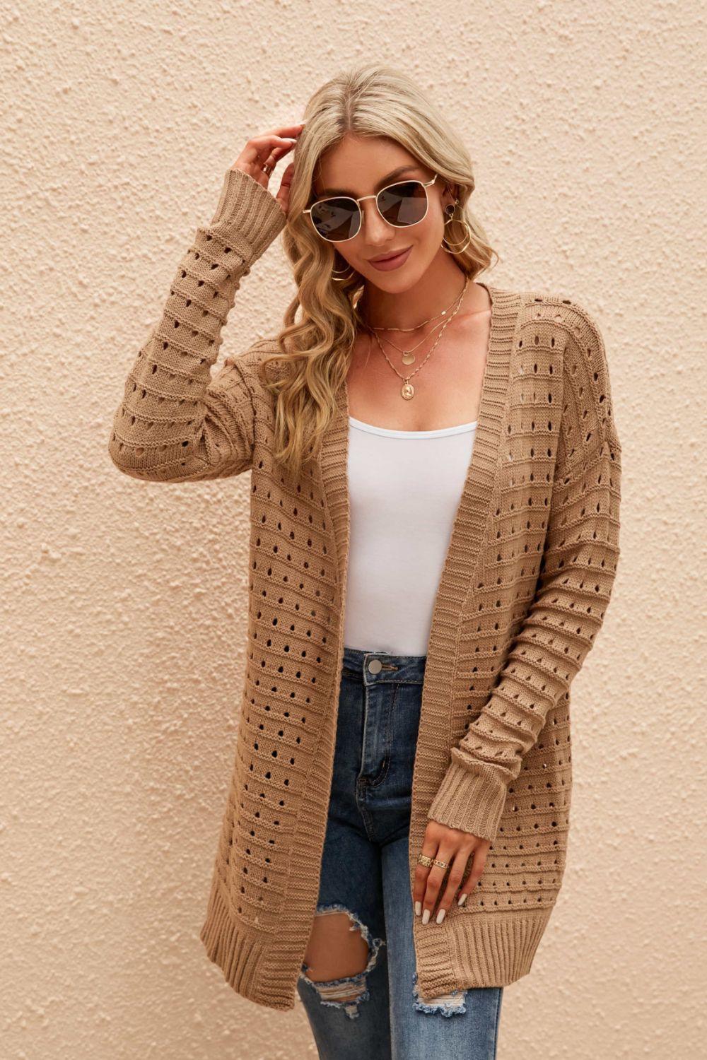 Leisurely Openwork Horizontal Ribbing Open Front Cardigan - MXSTUDIO.COM