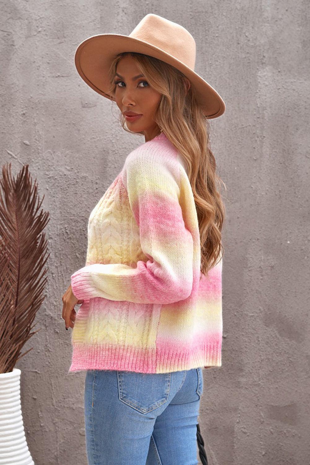 Leisurely Stroll Cable-Knit Open Front Tie-Dye Cardigan - MXSTUDIO.COM