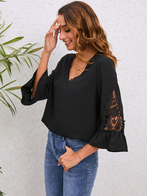 Leisurely V-Neck Flounce Sleeve Black Lace Blouse - MXSTUDIO.COM