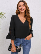 Leisurely V-Neck Flounce Sleeve Black Lace Blouse - MXSTUDIO.COM