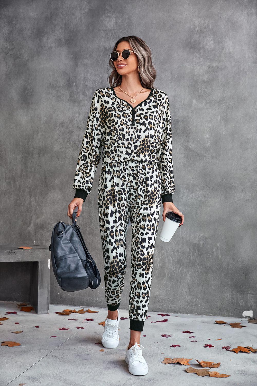 Leopard Buttoned Long Sleeves Top And Pants Set - MXSTUDIO.COM