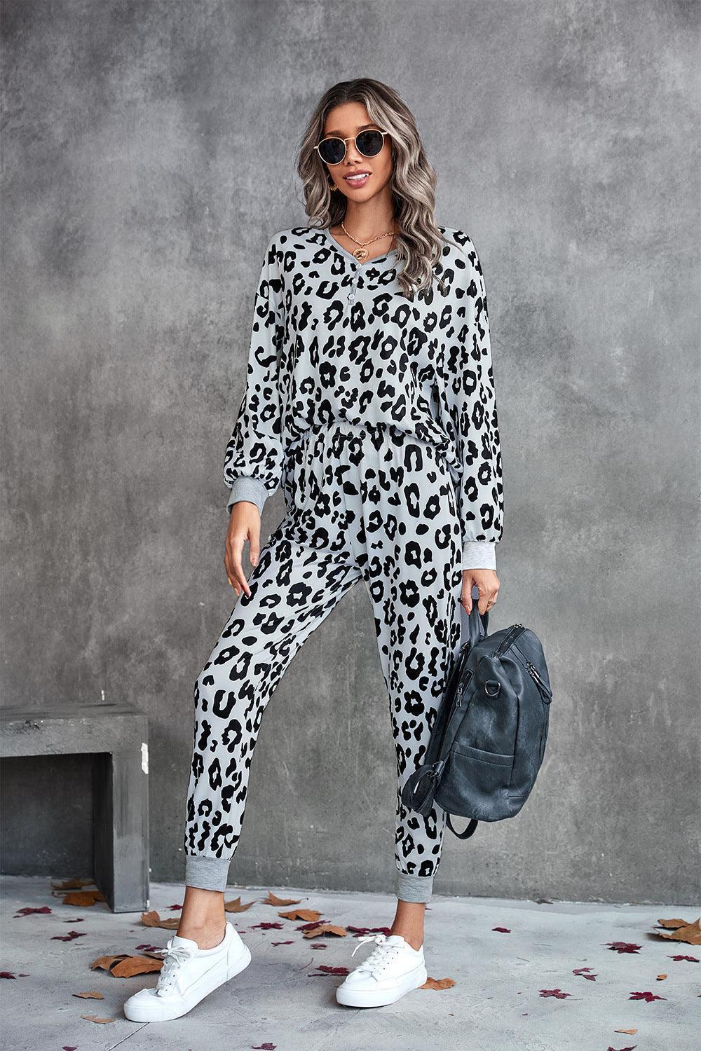 Leopard Buttoned Long Sleeves Top And Pants Set - MXSTUDIO.COM