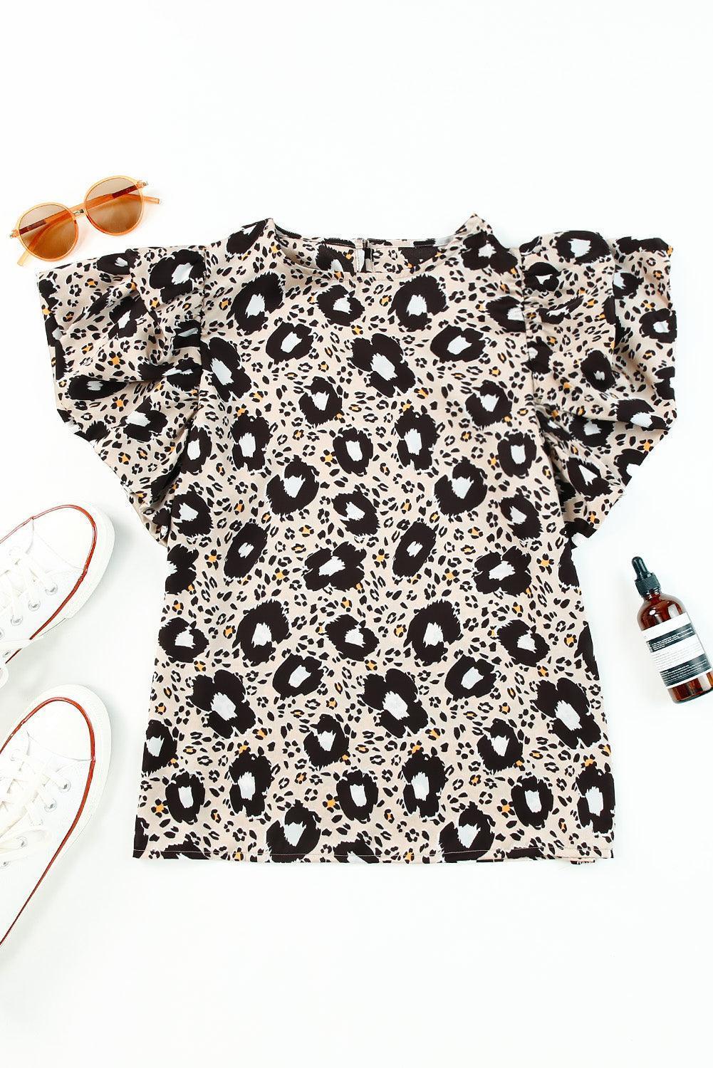 Leopard Flutter Sleeve Animal Print Blouse - MXSTUDIO.COM