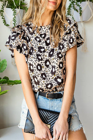 Leopard Flutter Sleeve Animal Print Blouse - MXSTUDIO.COM