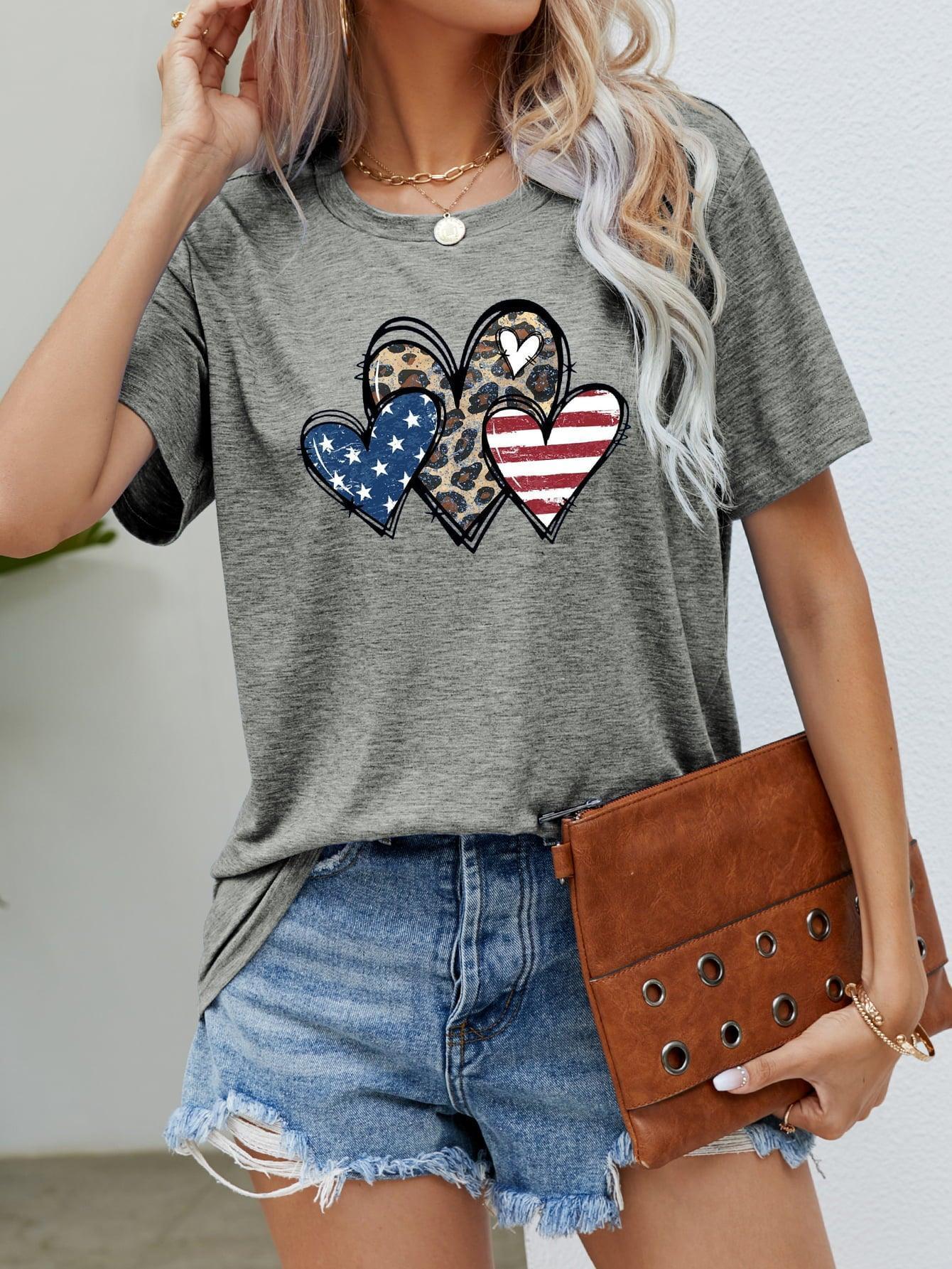 Heart Leopard Stars and Stripes US Flag T Shirt - MXSTUDIO.COM