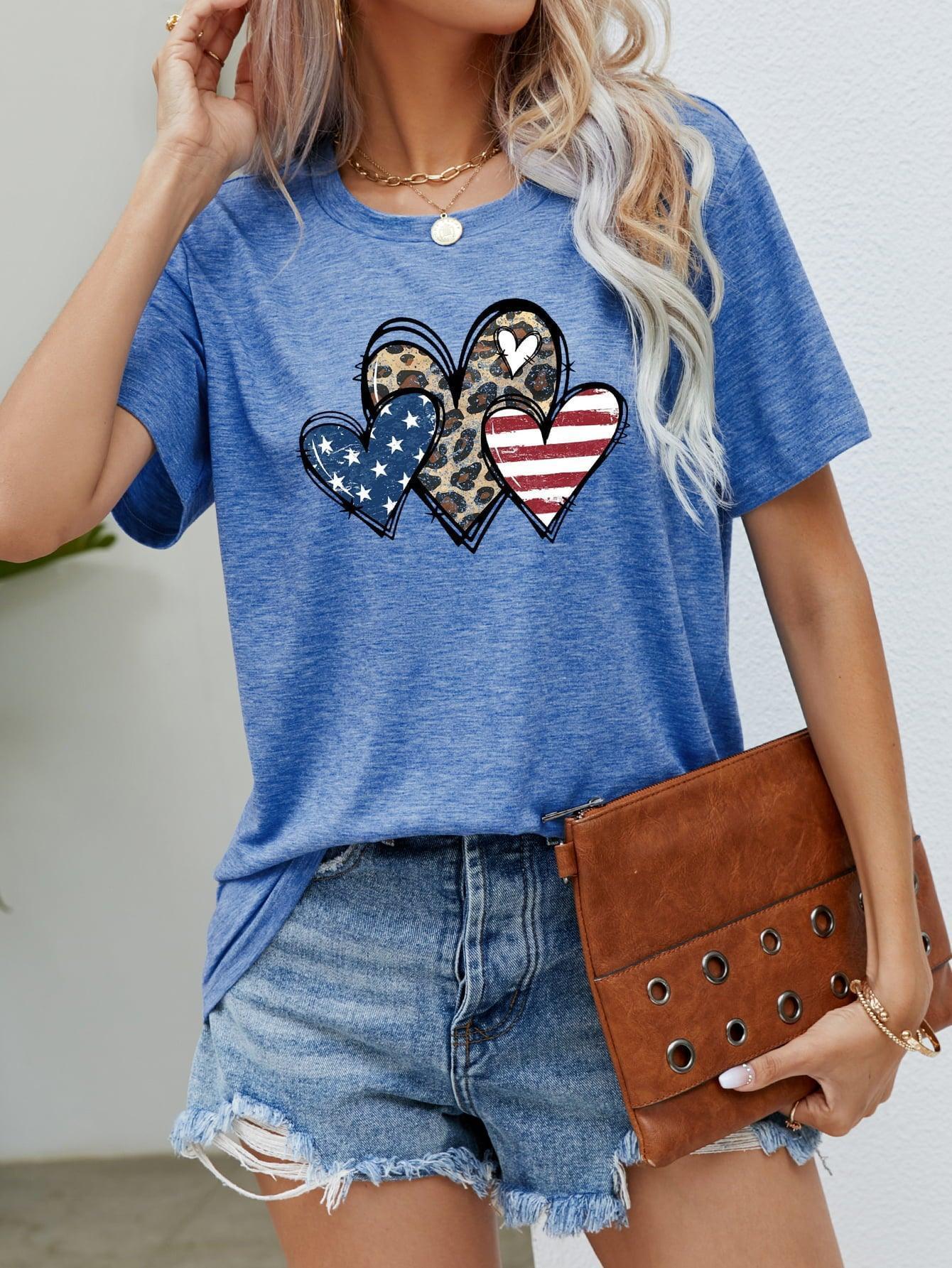 Heart Leopard Stars and Stripes US Flag T Shirt - MXSTUDIO.COM