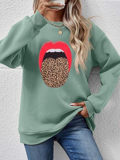 Leopard Lip Graphic Women Long Sleeve Sweatshirt-MXSTUDIO.COM