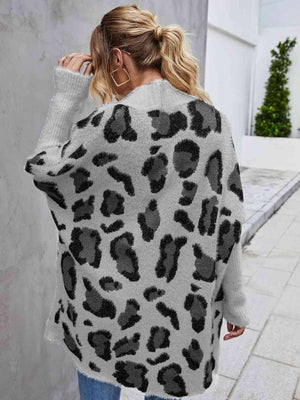 Leopard Pattern Open Front Fuzzy Long Cardigan - MXSTUDIO.COM
