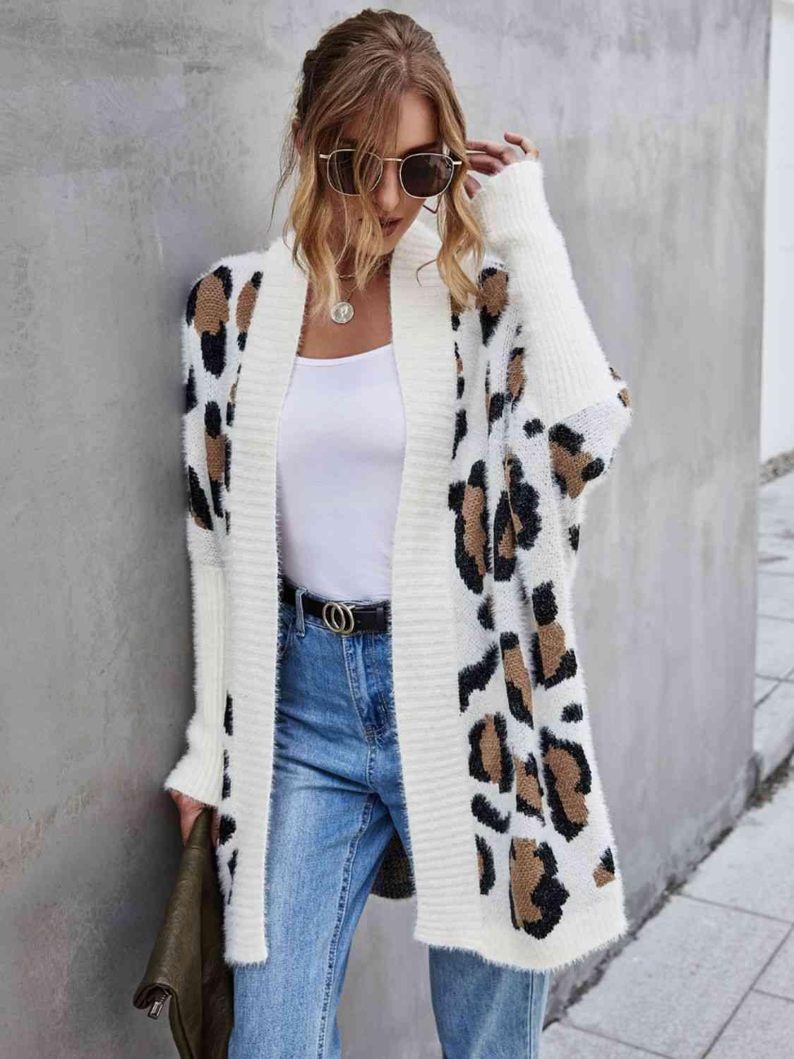 Leopard Pattern Open Front Fuzzy Long Cardigan - MXSTUDIO.COM