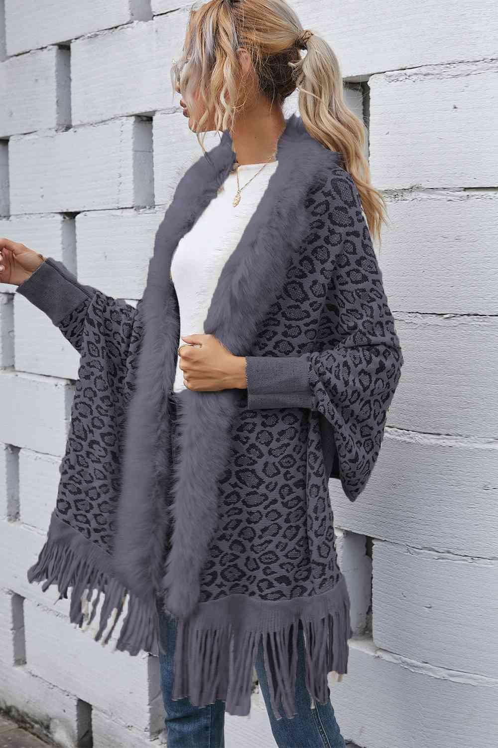 Leopard Print Fringe Faux Fur Trim Poncho - MXSTUDIO.COM