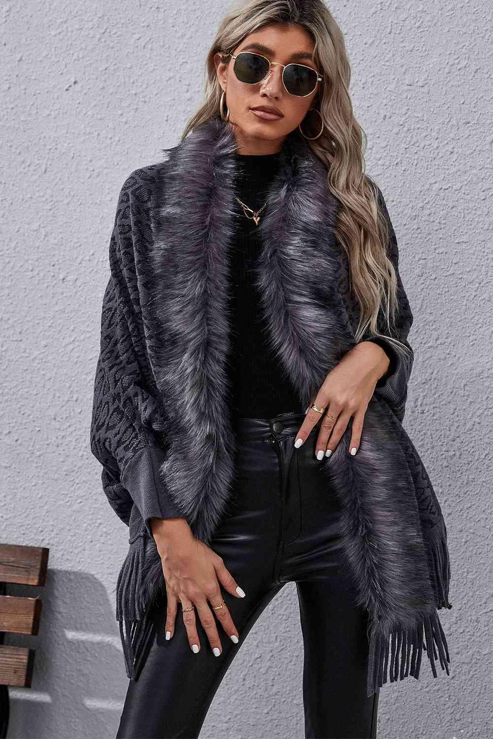 Leopard Print Fringe Faux Fur Trim Poncho - MXSTUDIO.COM