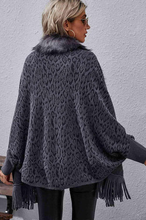 Leopard Print Fringe Faux Fur Trim Poncho - MXSTUDIO.COM