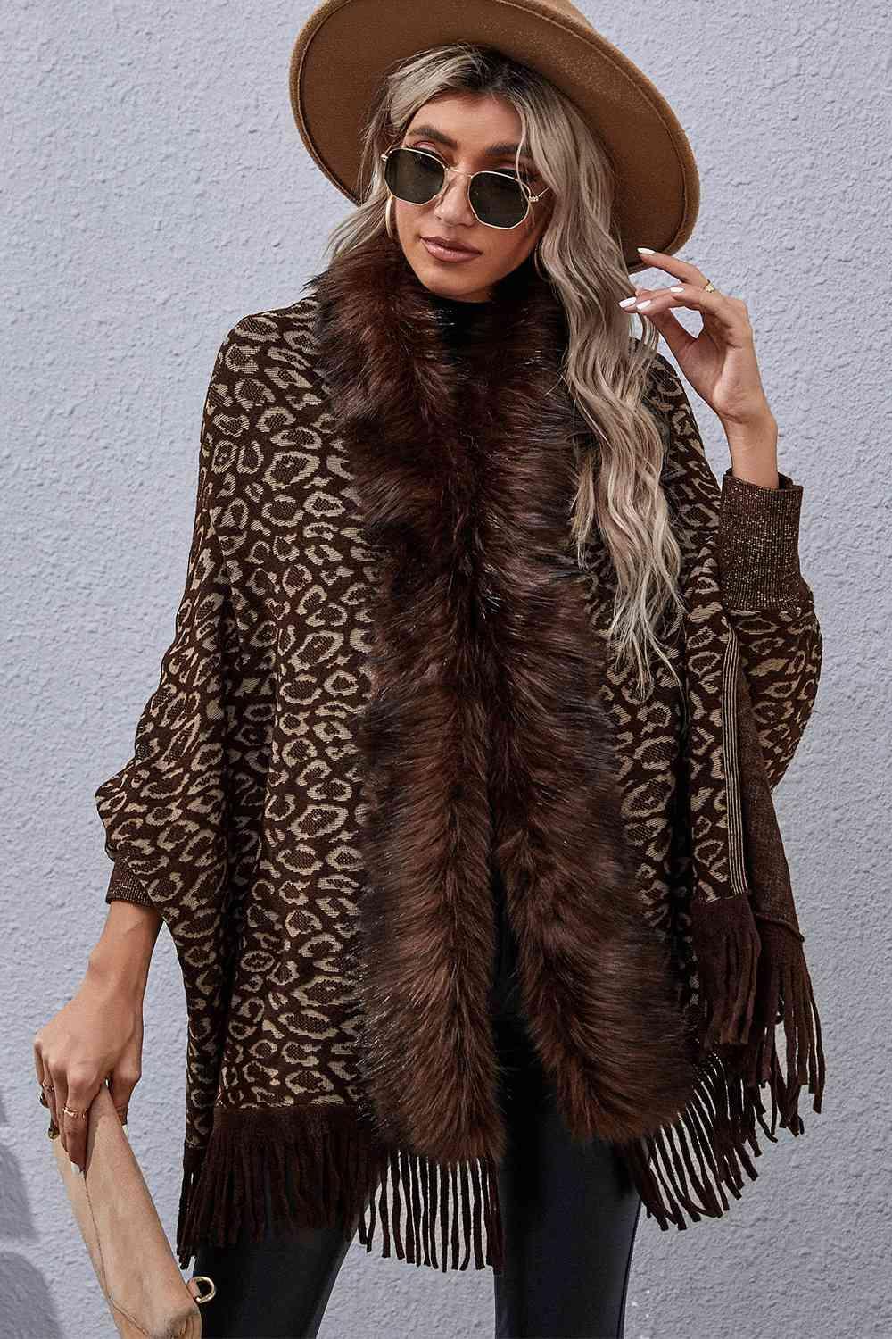 Leopard Print Fringe Faux Fur Trim Poncho - MXSTUDIO.COM