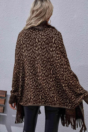 Leopard Print Fringe Faux Fur Trim Poncho - MXSTUDIO.COM