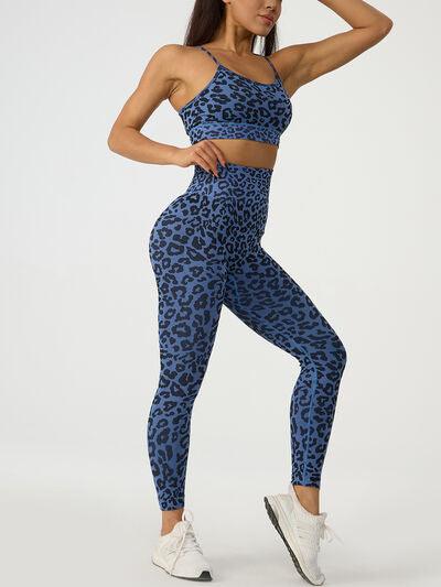 a woman in a blue leopard print sports bra top and leggings