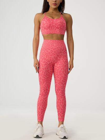 a woman in pink leopard print sports bra top and leggings