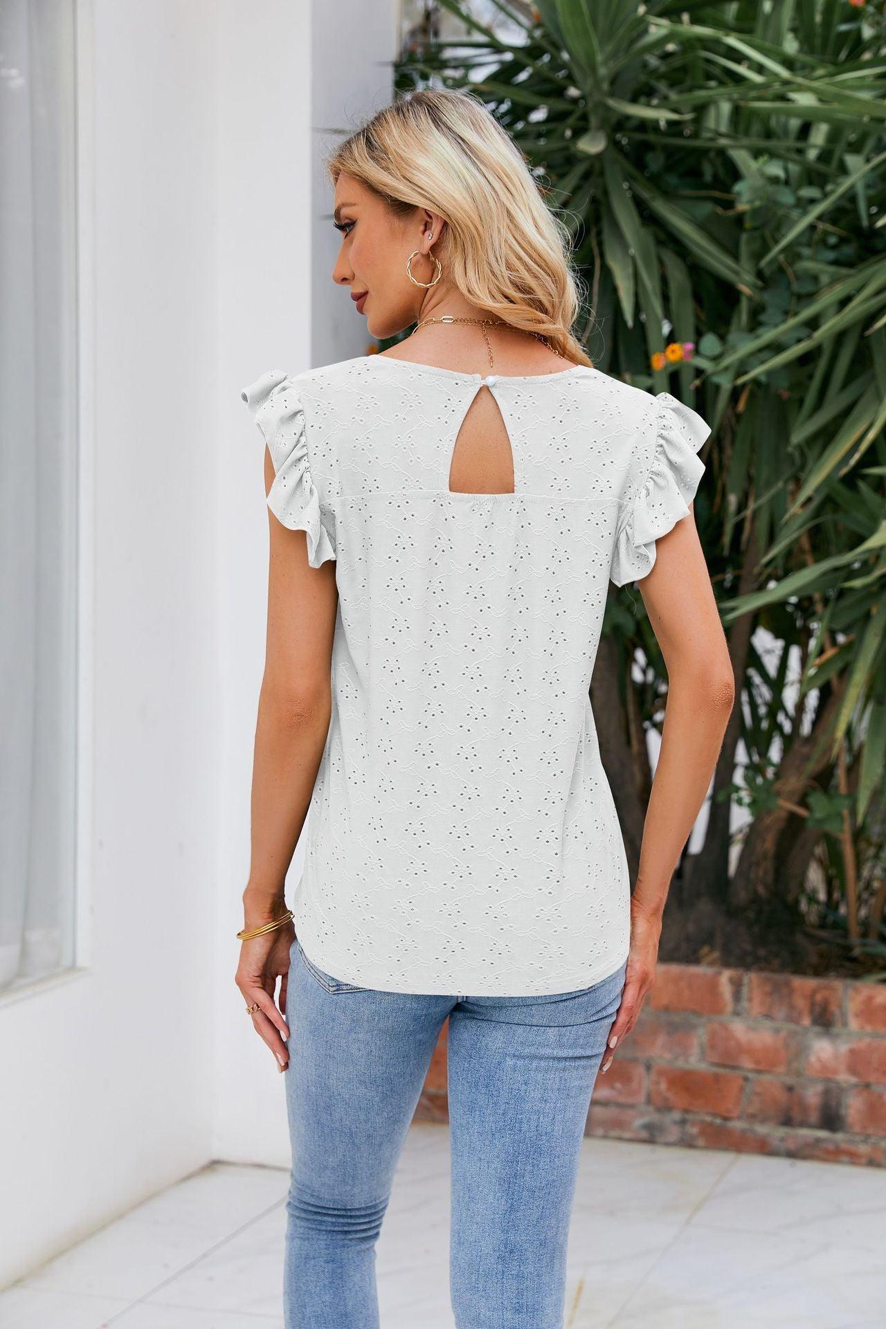 Let It Be Eyelet V Neck Flutter Sleeve Top - MXSTUDIO.COM