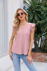 Let It Be Eyelet V Neck Flutter Sleeve Top - MXSTUDIO.COM