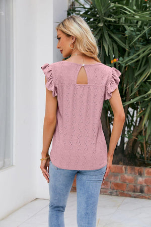 Let It Be Eyelet V Neck Flutter Sleeve Top - MXSTUDIO.COM