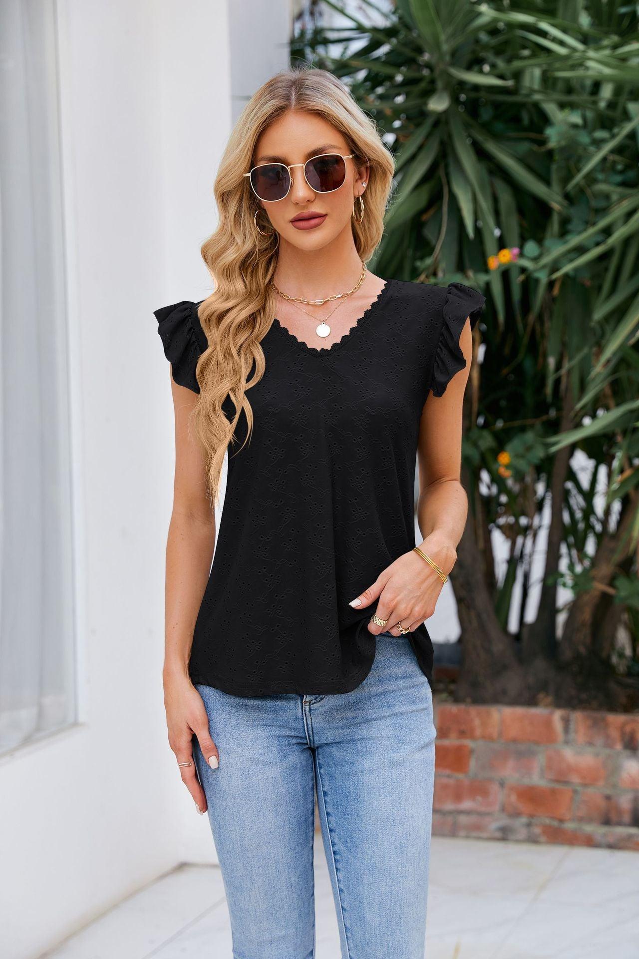 Let It Be Eyelet V Neck Flutter Sleeve Top - MXSTUDIO.COM