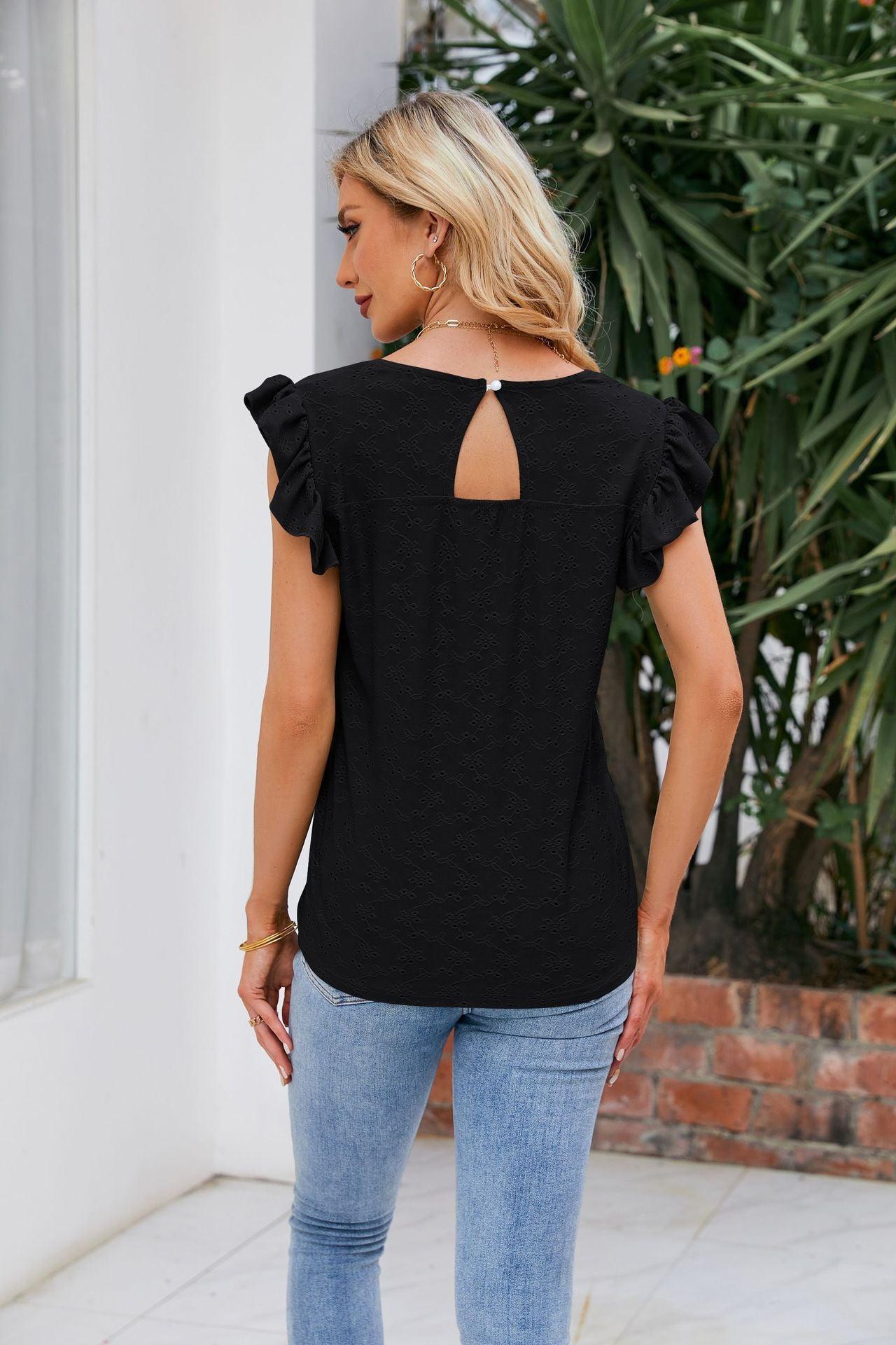 Let It Be Eyelet V Neck Flutter Sleeve Top - MXSTUDIO.COM