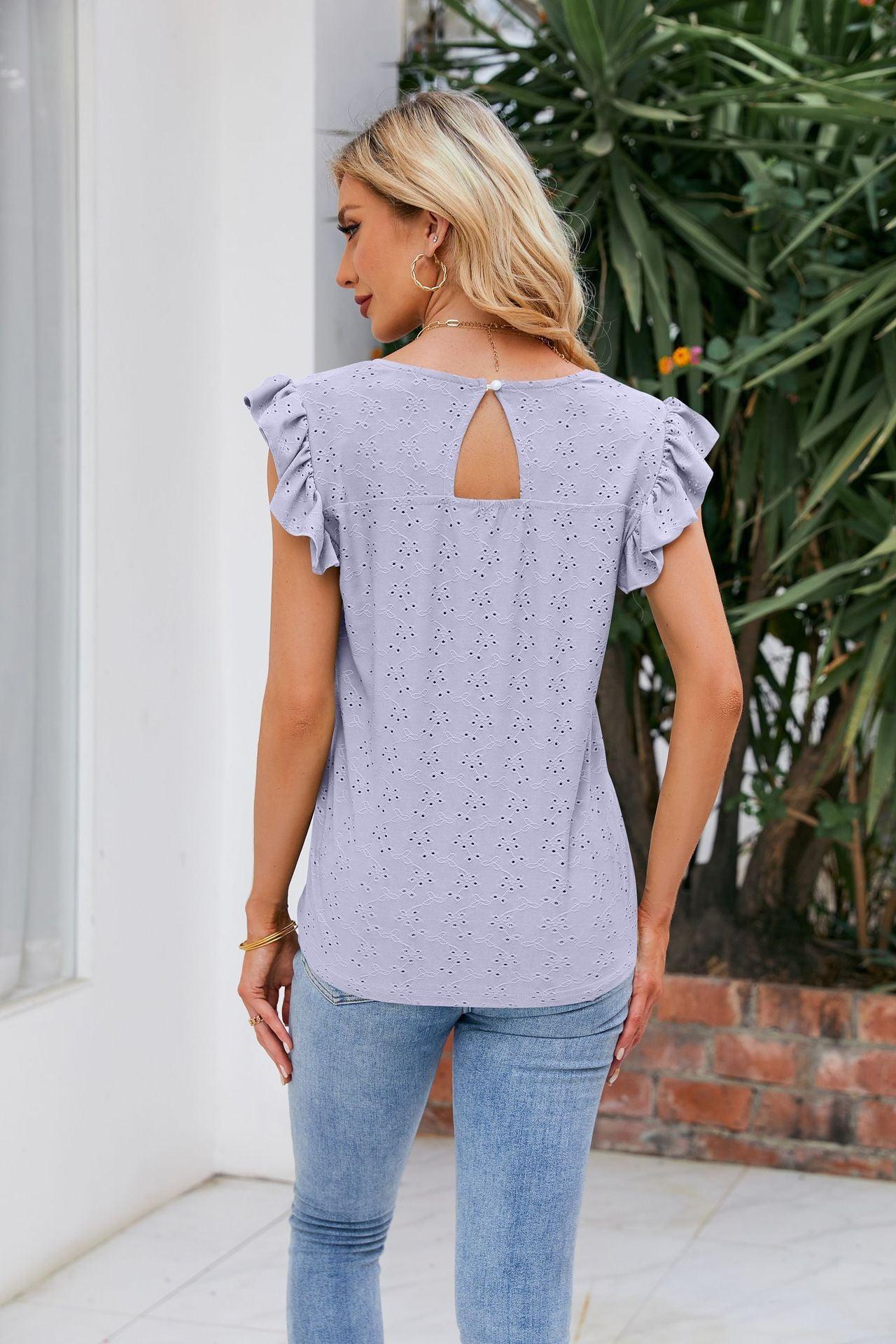 Let It Be Eyelet V Neck Flutter Sleeve Top - MXSTUDIO.COM