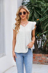 Let It Be Eyelet V Neck Flutter Sleeve Top - MXSTUDIO.COM