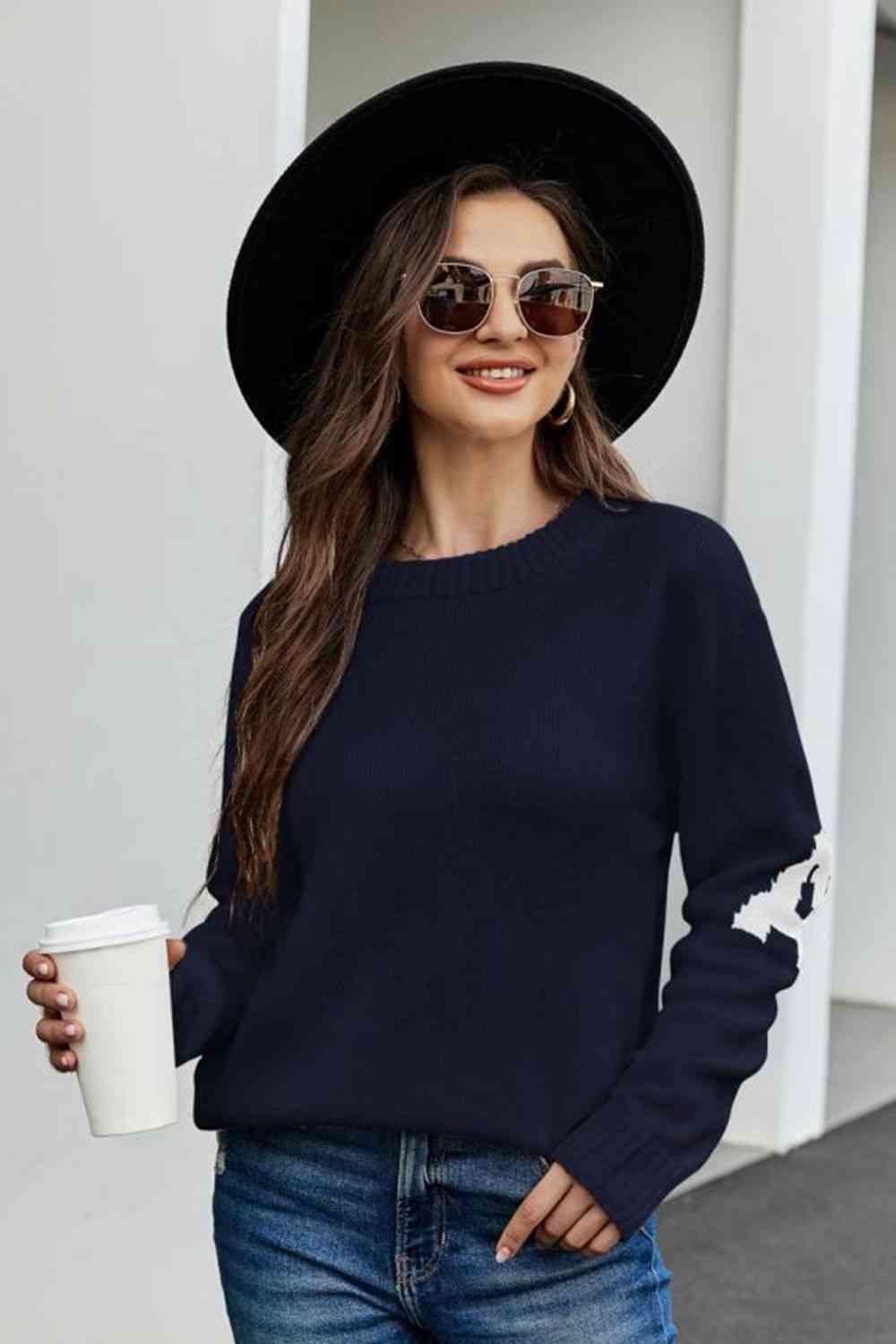 Letter A Long Sleeve Crew Neck Sweater - MXSTUDIO.COM