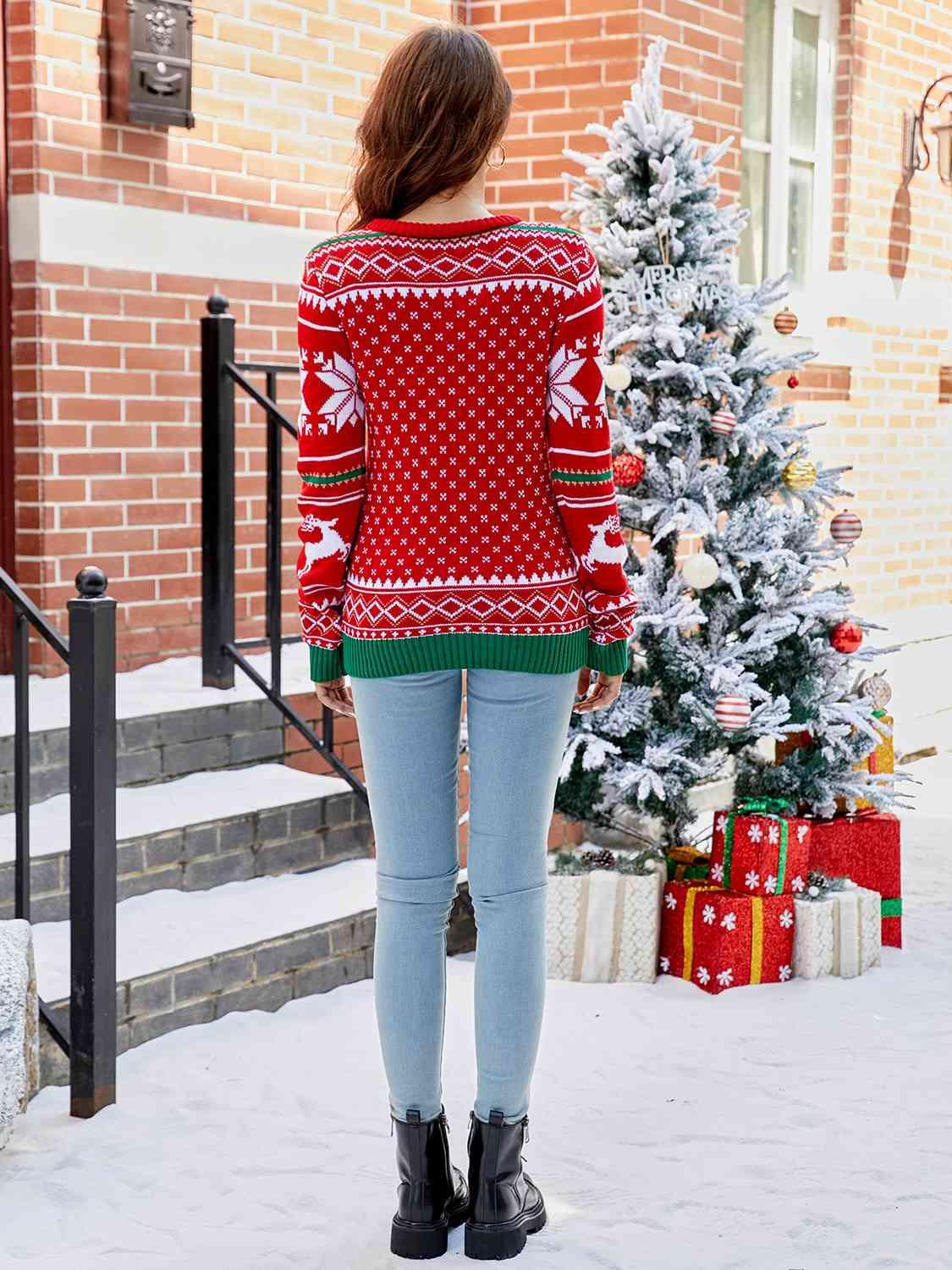 Letter Graphic Long Sleeve Red Christmas Sweater-MXSTUDIO.COM