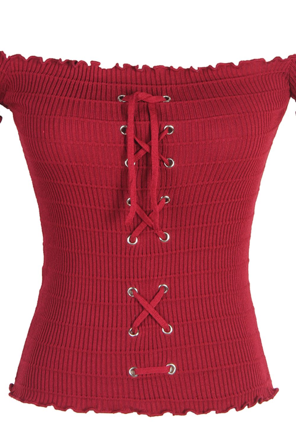 a close up of a red top with laces