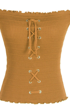 a brown corset with laces on it