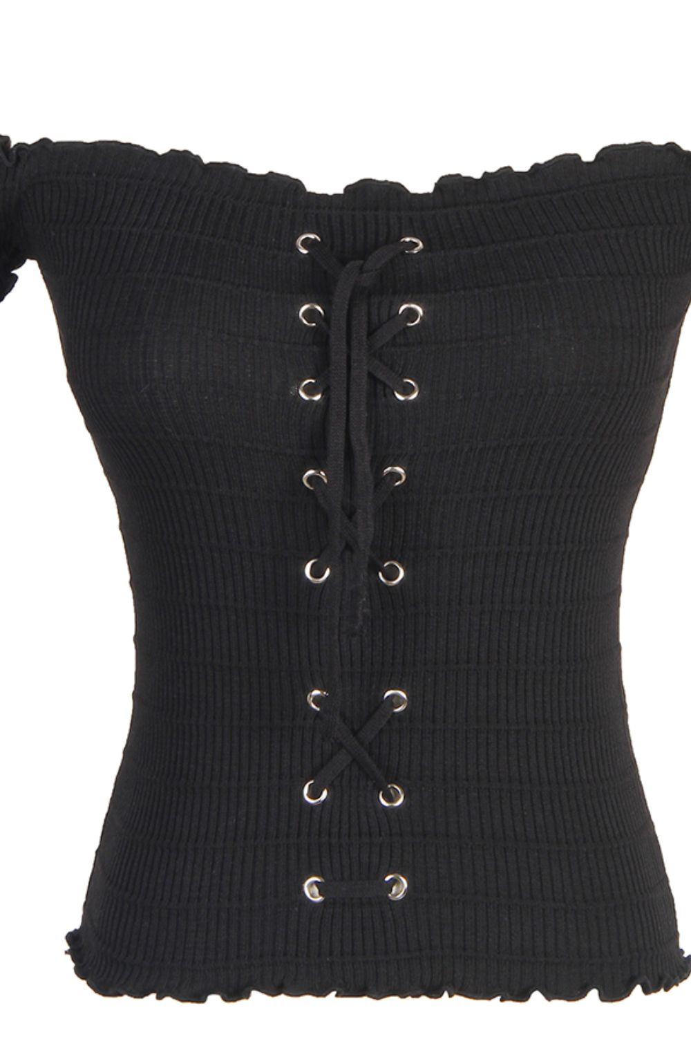 a black top with a lace up front