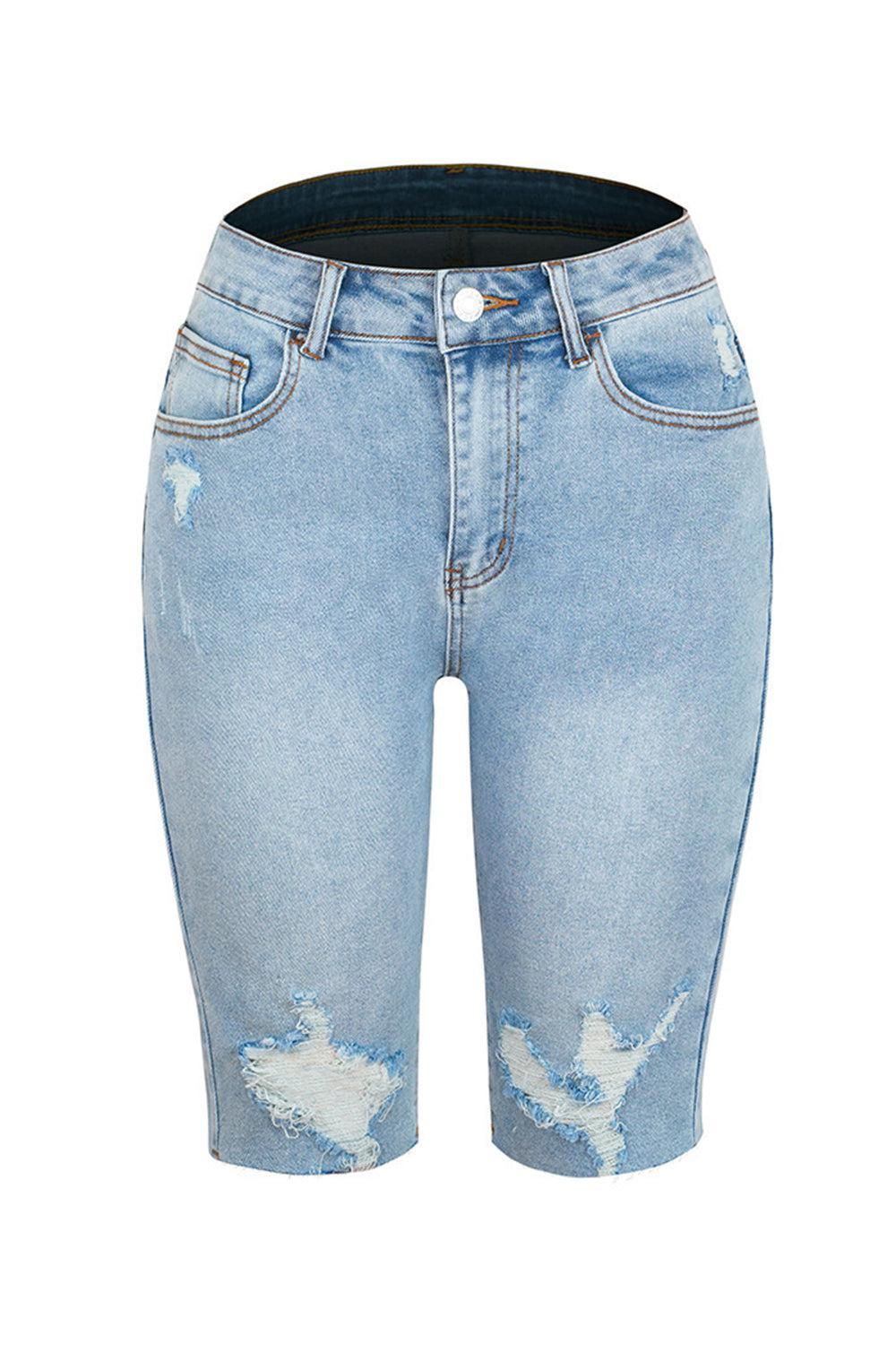 a women's jean shorts with ripped knees