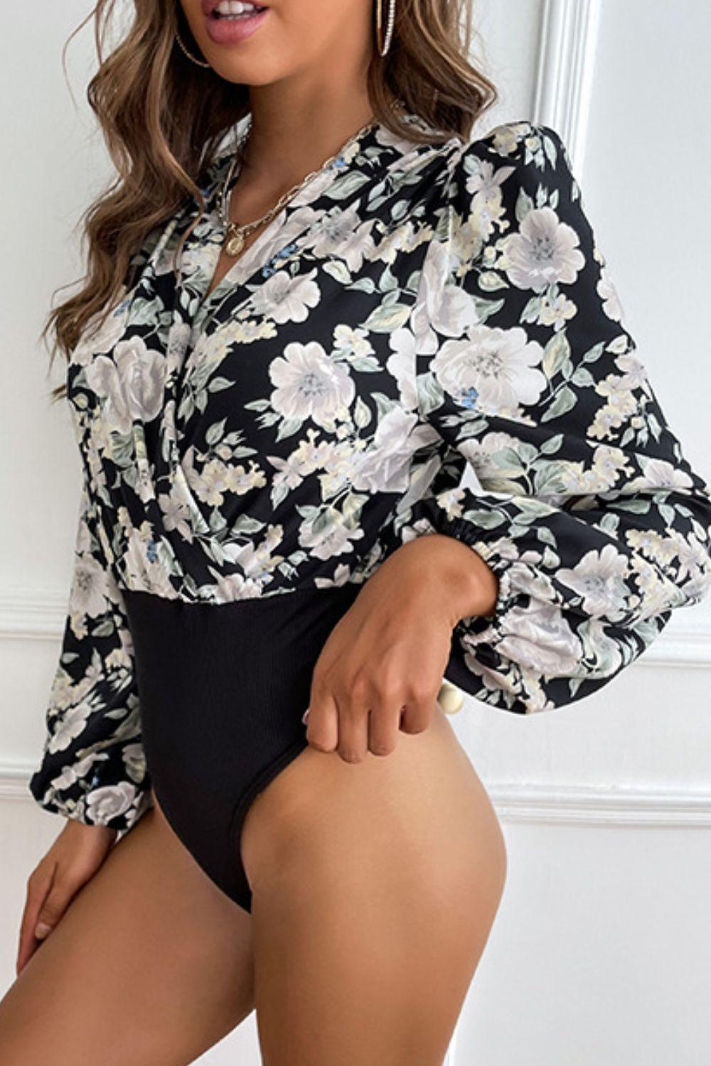 Likable Floral Puff Long Sleeve Bodysuit - MXSTUDIO.COM