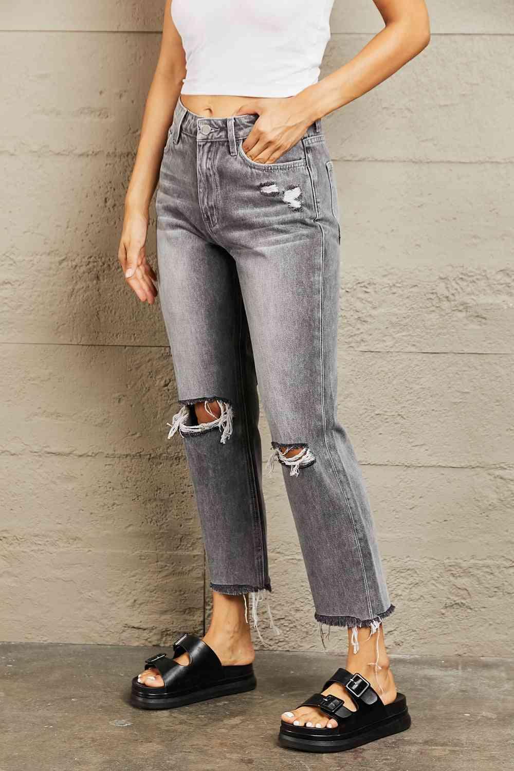 Live-In Look Cropped Straight Leg Ripped Jeans - MXSTUDIO.COM