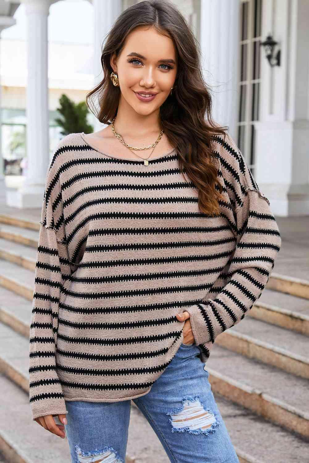 Lively And Comfy Drop Shoulder Striped Sweater - MXSTUDIO.COM