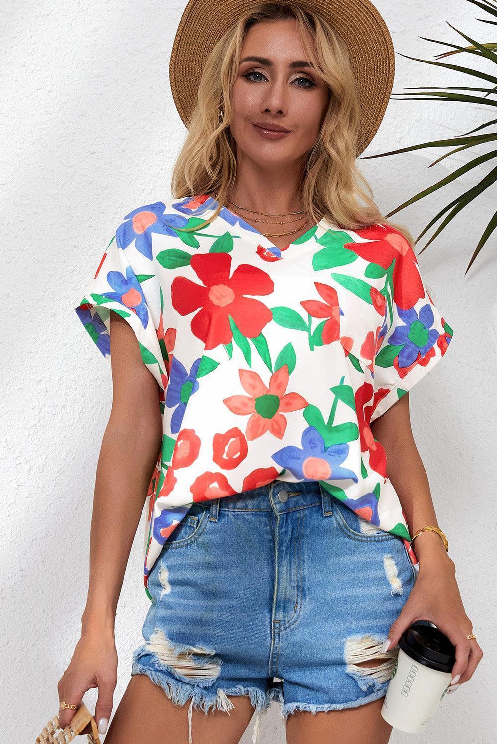 Living For Weekend Floral V Neck Blouse - MXSTUDIO.COM