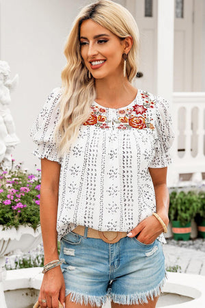 Living My Best Life Puff Sleeve Embroidered Blouse - MXSTUDIO.COM