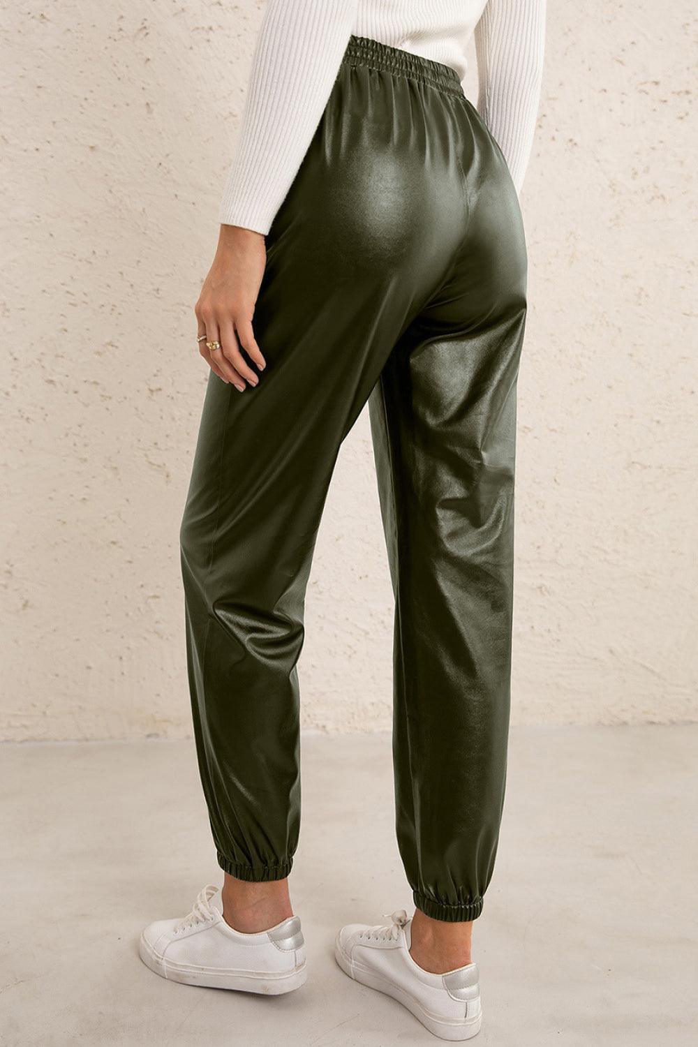 Long Lasting Elastic High Waisted Leather Joggers - MXSTUDIO.COM