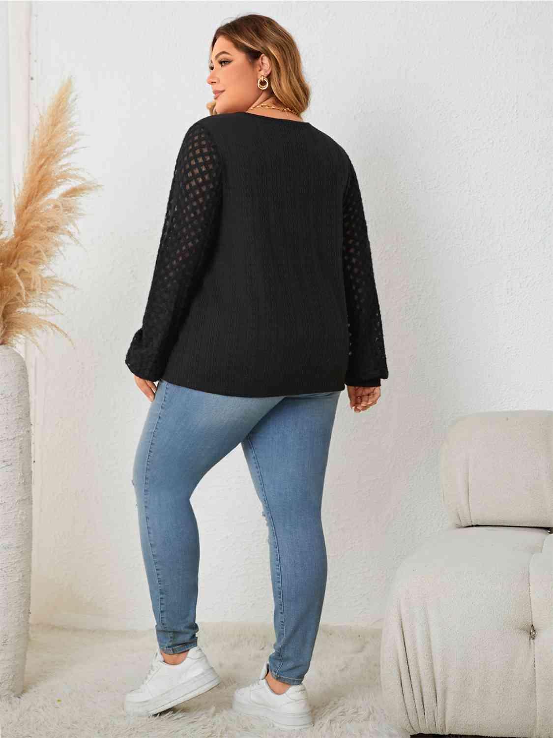 Long Openwork Sleeve Plus Size Black Blouse - MXSTUDIO.COM