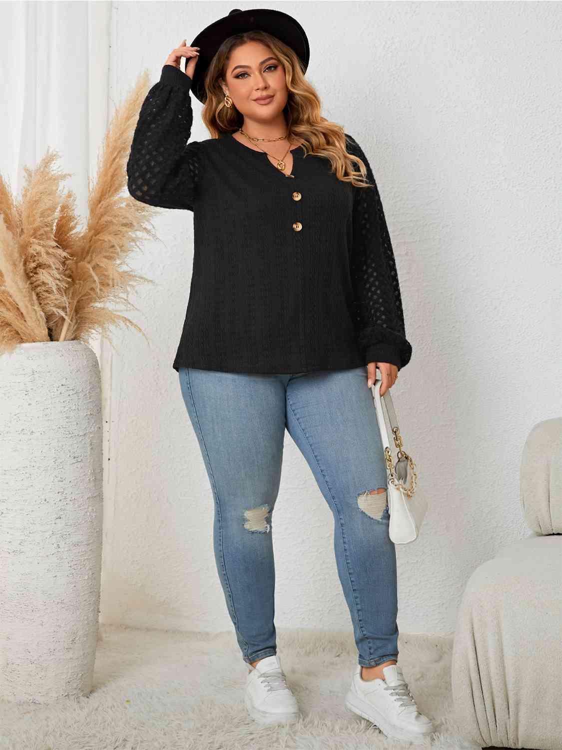 Long Openwork Sleeve Plus Size Black Blouse - MXSTUDIO.COM