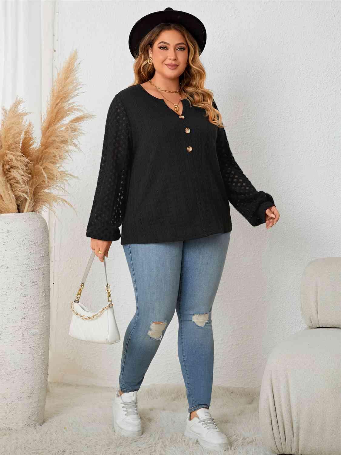 Long Openwork Sleeve Plus Size Black Blouse - MXSTUDIO.COM