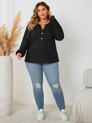 Long Openwork Sleeve Plus Size Black Blouse - MXSTUDIO.COM