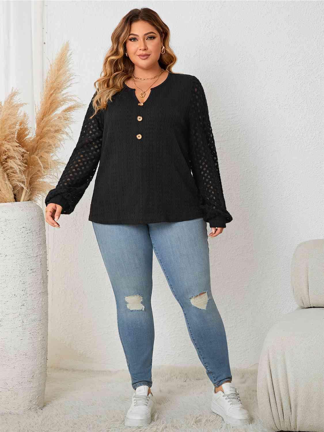 Long Openwork Sleeve Plus Size Black Blouse - MXSTUDIO.COM