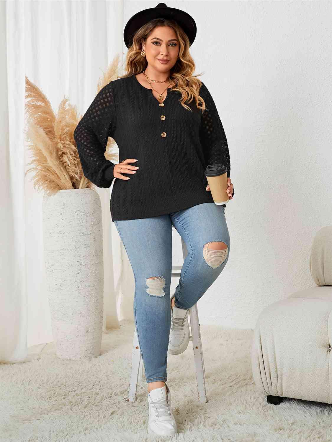 Long Openwork Sleeve Plus Size Black Blouse - MXSTUDIO.COM