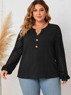 Long Openwork Sleeve Plus Size Black Blouse - MXSTUDIO.COM