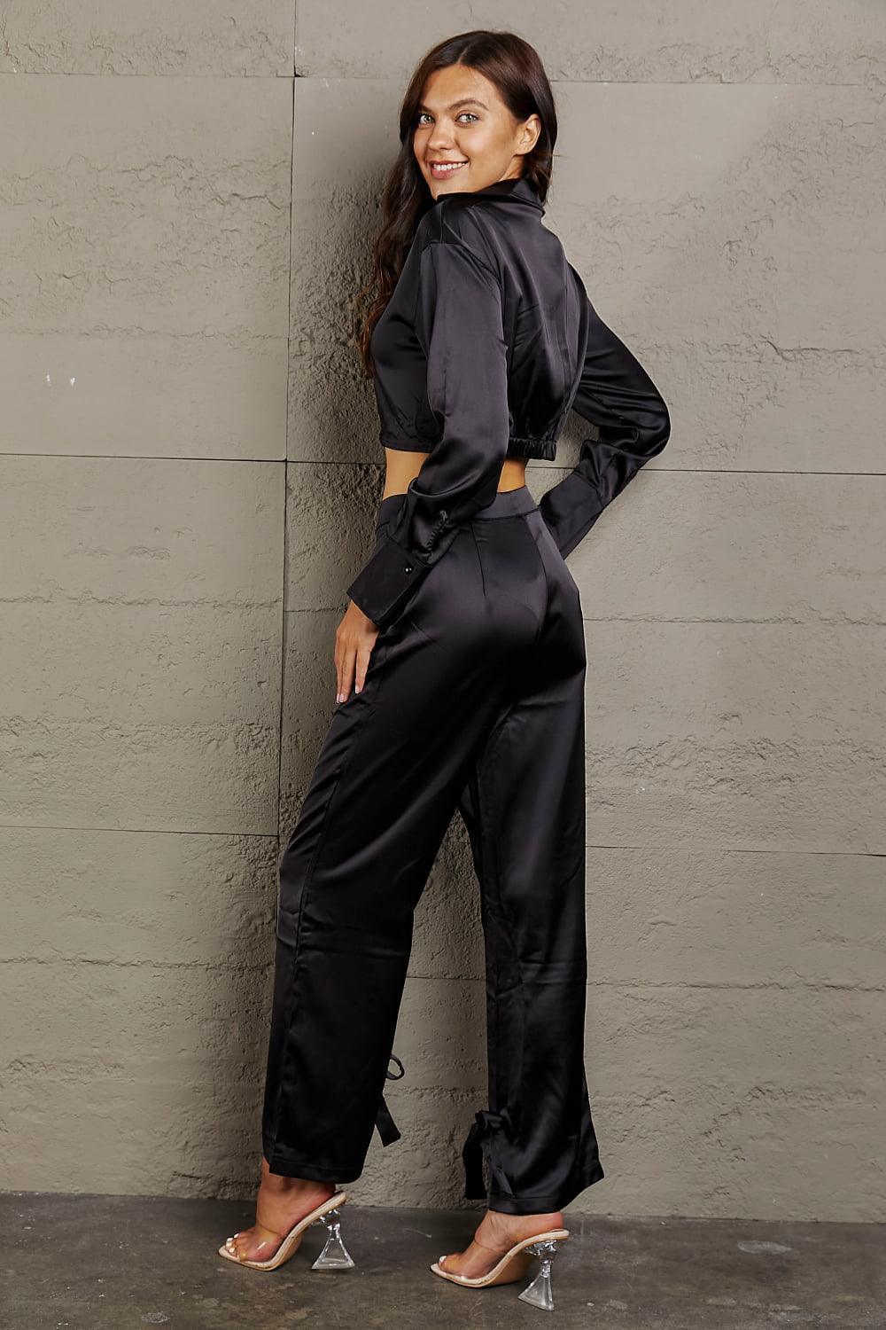 Long Sleeve Black Cropped Blouse And Pants Set - MXSTUDIO.COM